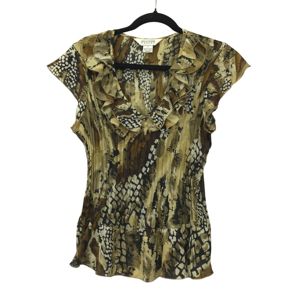 Allison Taylor Women L Brown Animal Print Ruffle V-Neck Pleated Boho Sheer Flowy
